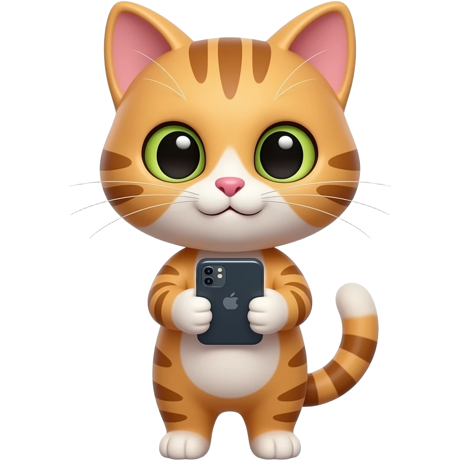 Glossy 3D rendered cat emoji with full body, front-facing, holding and looking down at a smartphone, slightly rounded edges, soft shading, white background emoji