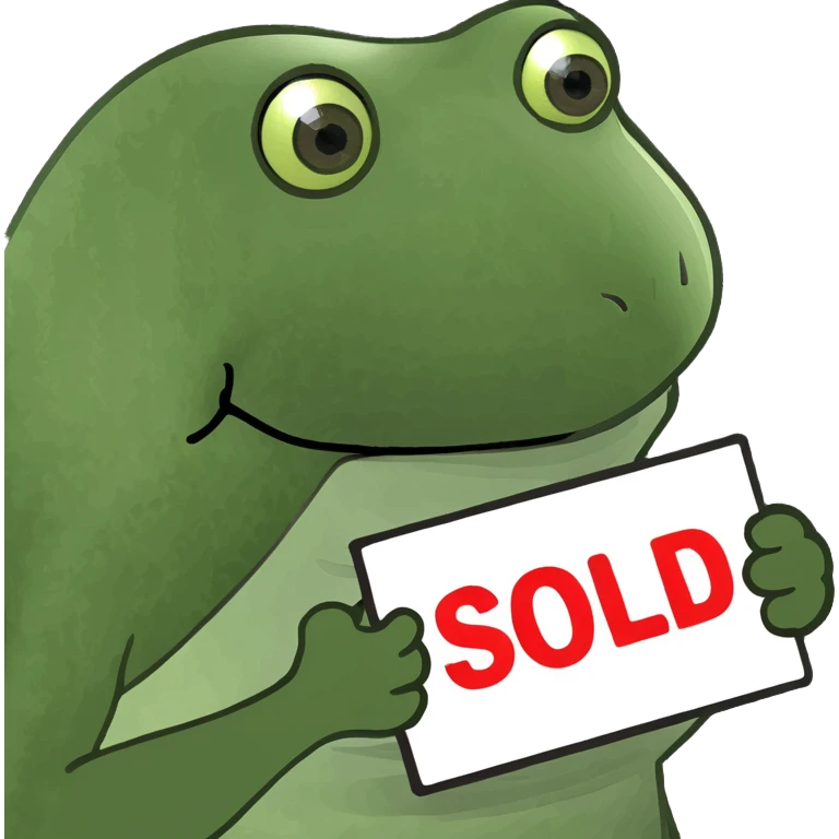 green frog holding a SOLD placard, lively and expressive emoji