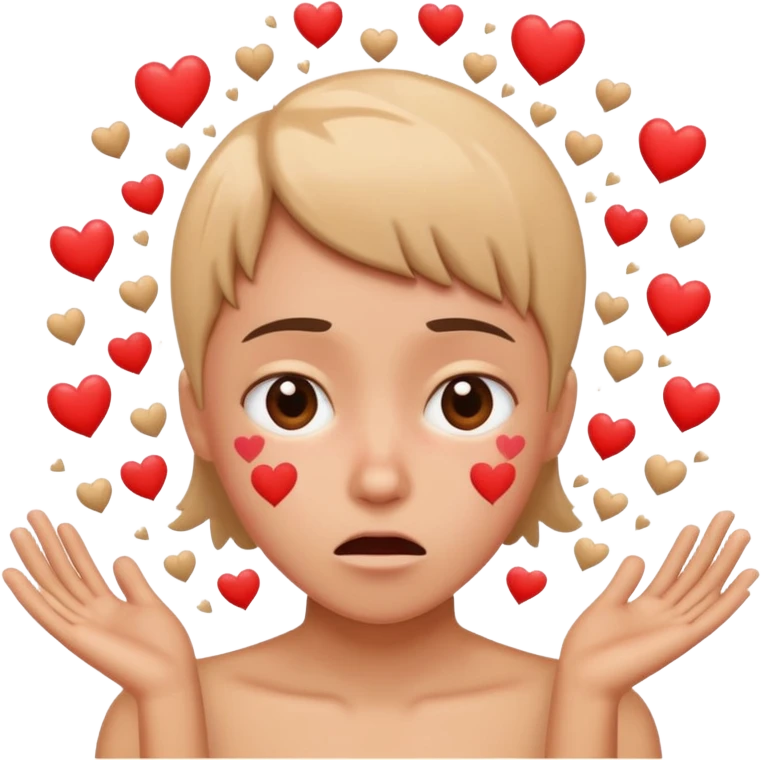 person overwhelmed by a shower of hearts, slightly anxious expression, symbolizing love bombing emoji emoji