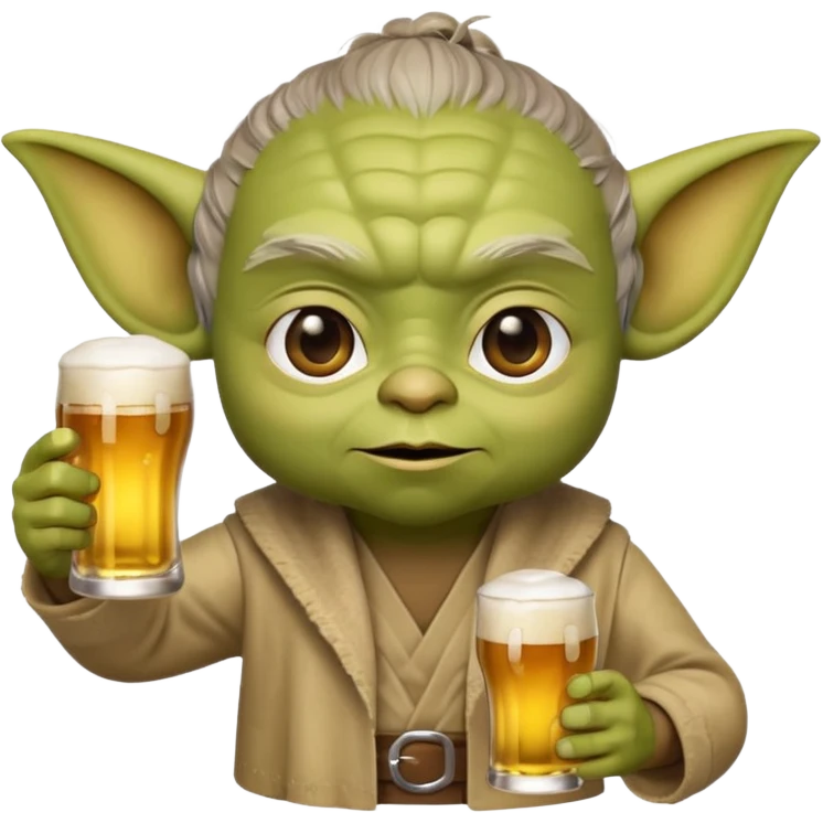 3D emoji-style Yoda head holding a beer glass in one hand. Smooth rounded shapes, soft gradients, friendly expression. Golden beer with foam in transparent glass. Close-up, centered. PNG, transparent background. emoji