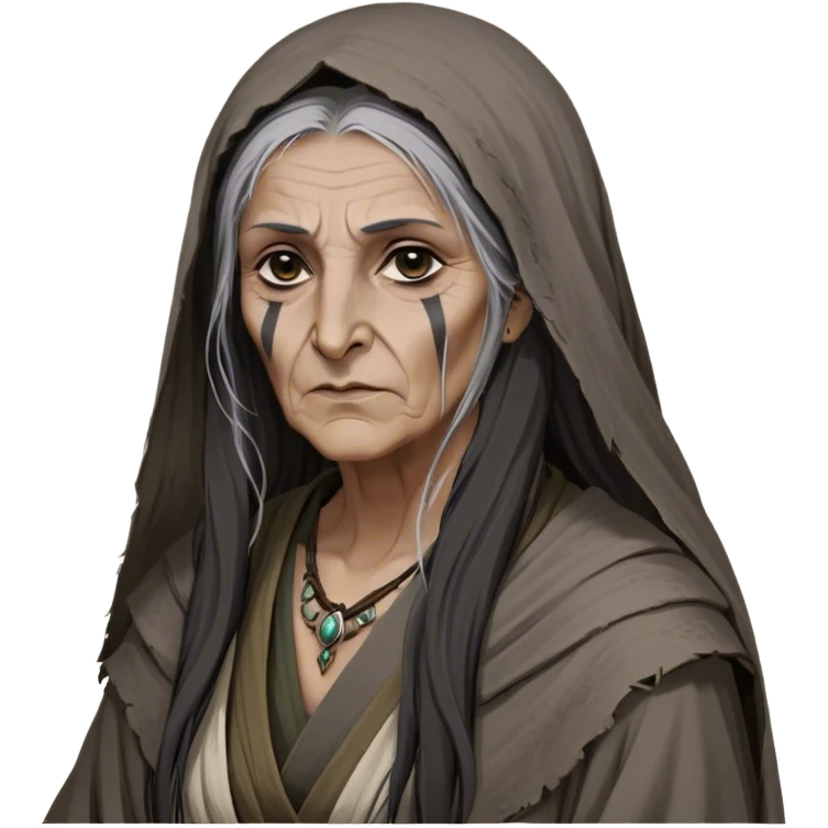 Mirri Maz Duur is a weathered, old Lhazareen woman with deep-set dark eyes, high cheekbones, and a sharp nose, giving her a stern, knowing expression. Her long, unkempt dark hair streaked with gray falls loosely over her shoulders, and her earth-toned, tattered robes mark her as a humble healer. Despite her frail appearance, she exudes an aura of mystery and menace, her hands stained with herbs and blood from both healing and dark sorcery. emoji
