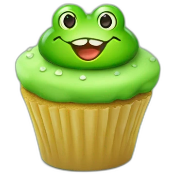 Happy bright green cupcake with a frog face on top emoji