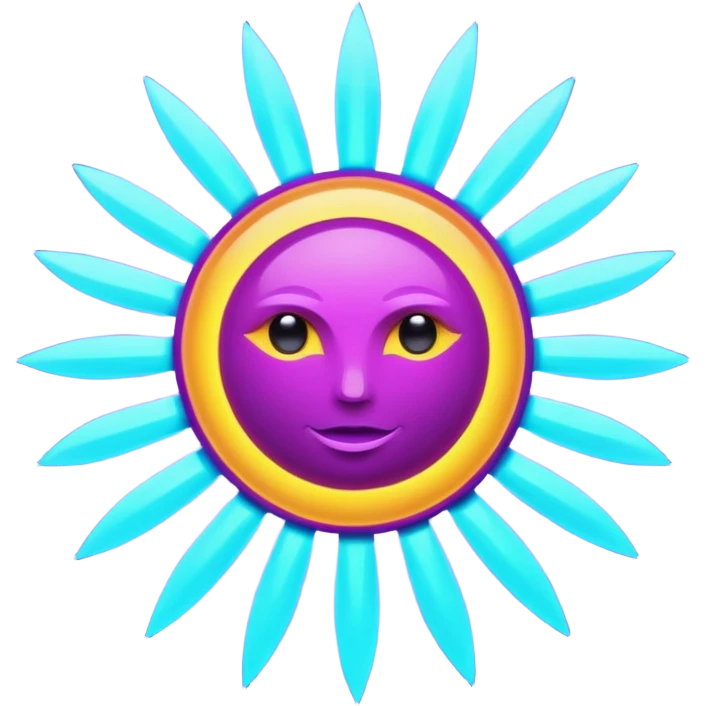 Futuristic glowing sun emoji, neon rays, bright holographic purple and cyan glow, dark background, digital tech style emoji