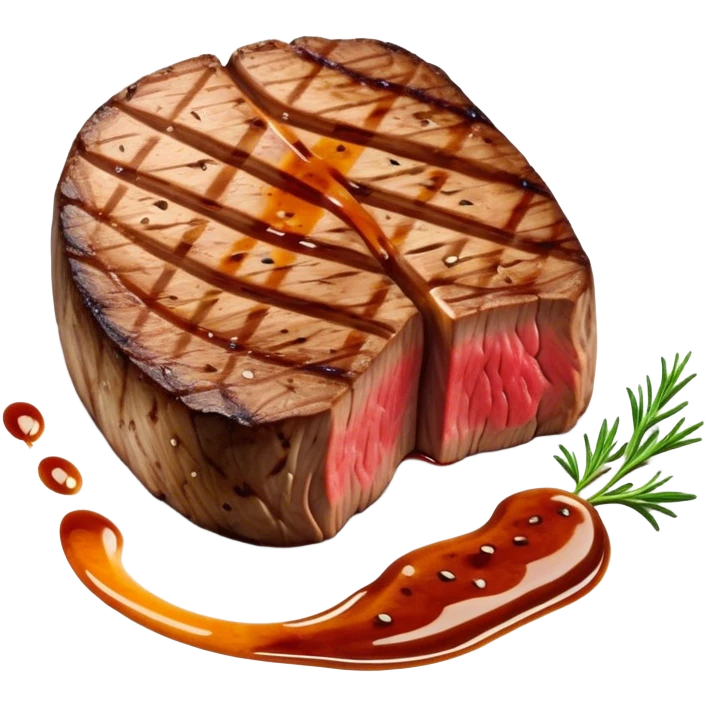 Cinematic thick-cut scotch fillet steak, perfectly seared with grill marks, a grilled center, rich and savory, warm glow, sizzling and mouthwatering, highly detailed and appetizing. emoji