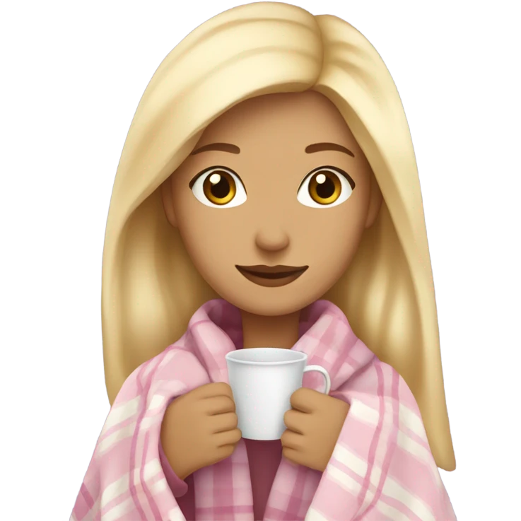 A blonde girl covered in a plaid light pink blanket sipping hot tea emoji