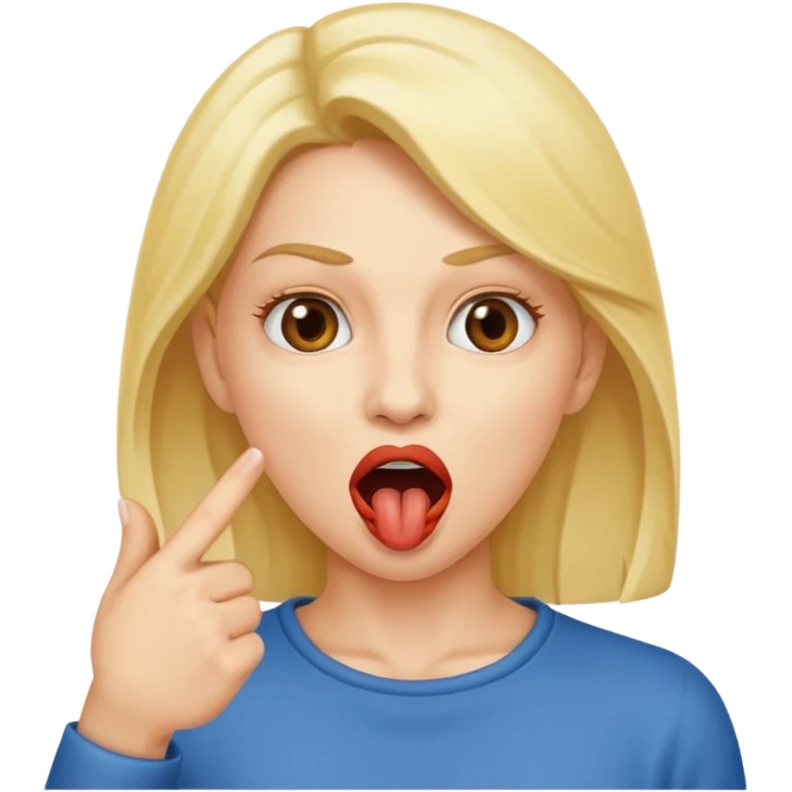 A woman pointing at her mouth with mouth open to indicate hungry emoji
