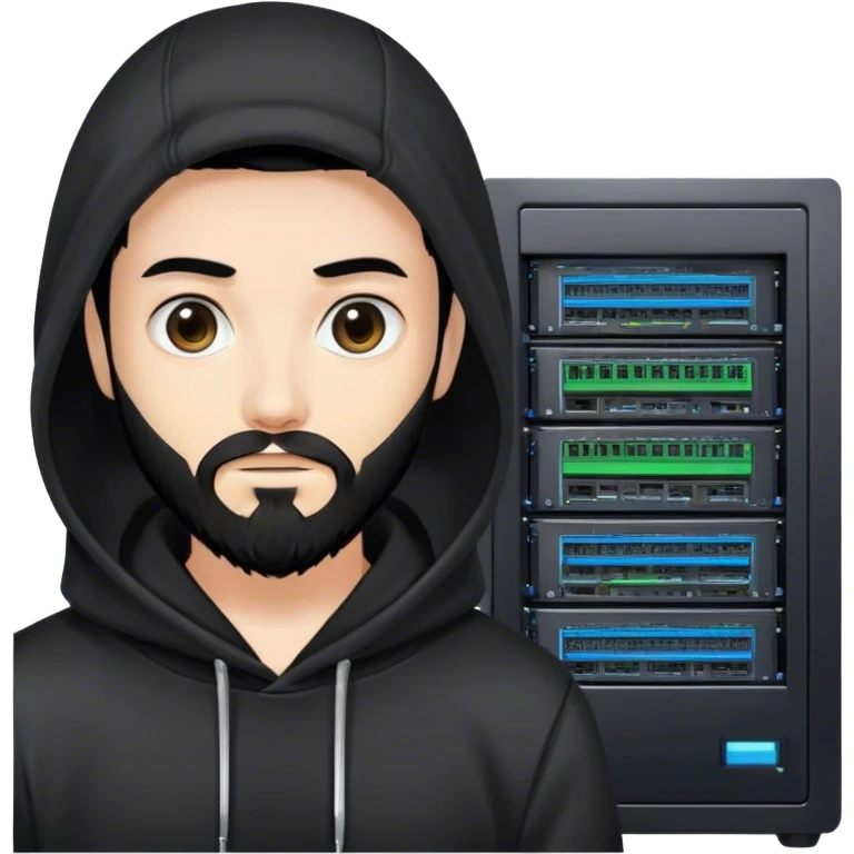 hackeur blanc cheveux noir barbe et capuche noir à côté d'un server ia emoji