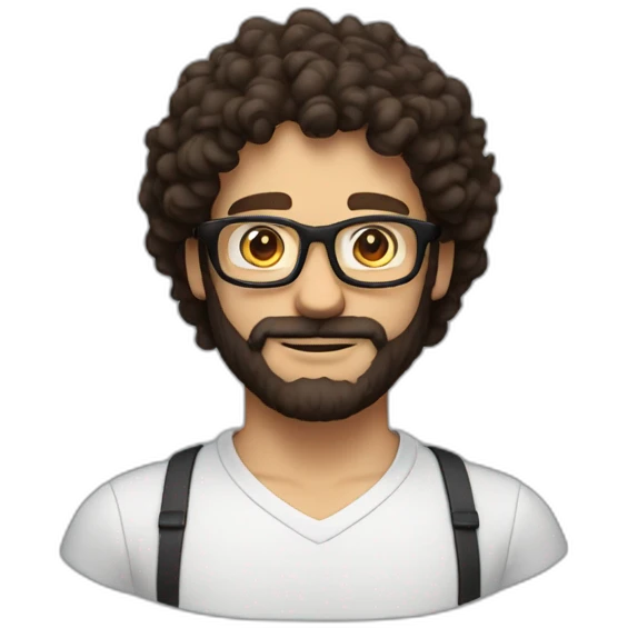 White man with brown eyes and dark curly hair with glasses and a beard like mario bros emoji