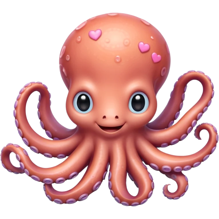 extremely cute, detailed octopus, shiny plastic look, tiny arms, huge sparkling eyes with highlights, charming smile, rosy cheeks, fine tentacle texture, soft pastel colors with bright accents, small accessories like hearts, detailed shading emoji