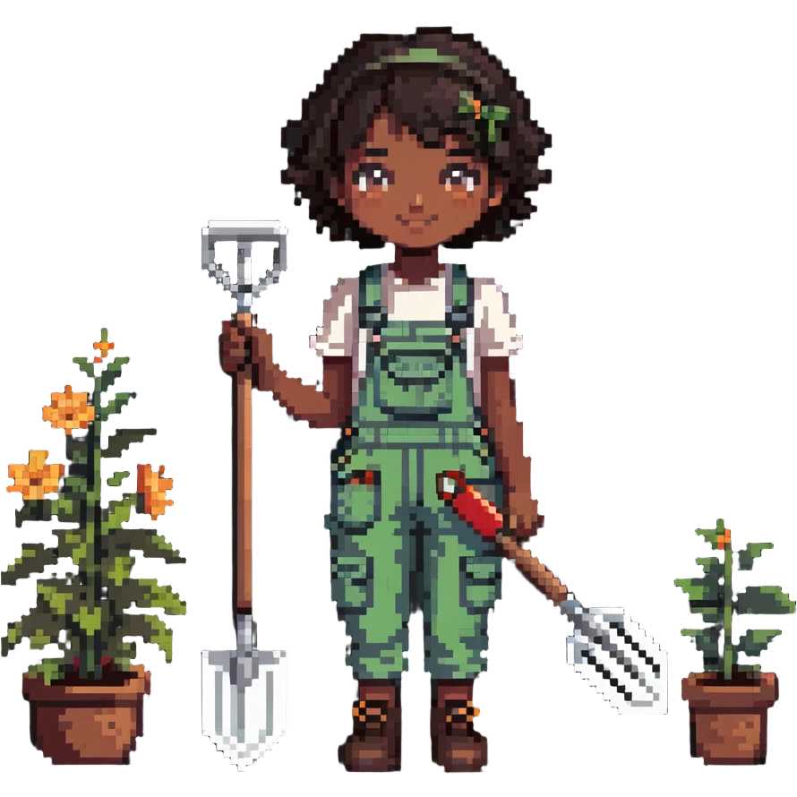 Beautiful brown skin girl with dark short hair wear garden overalls holding garden tools emoji