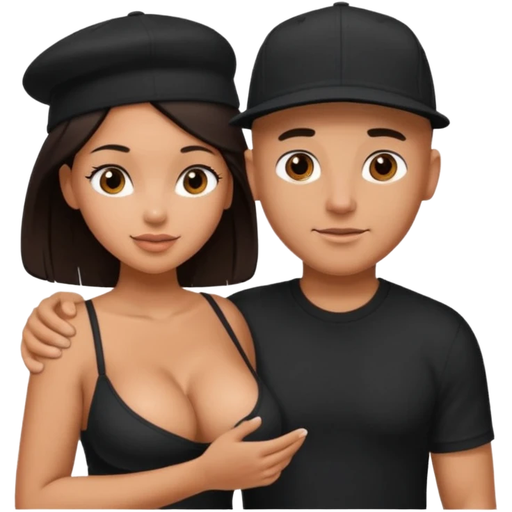 A picture of a tanned couple in a sex position. the man is a Mexican man with tanned skin, with a bald hair cut wearing a SnapBack hat and a black shirt. the woman has thick dark brown hair and with big naked boobs that he is grabbing emoji