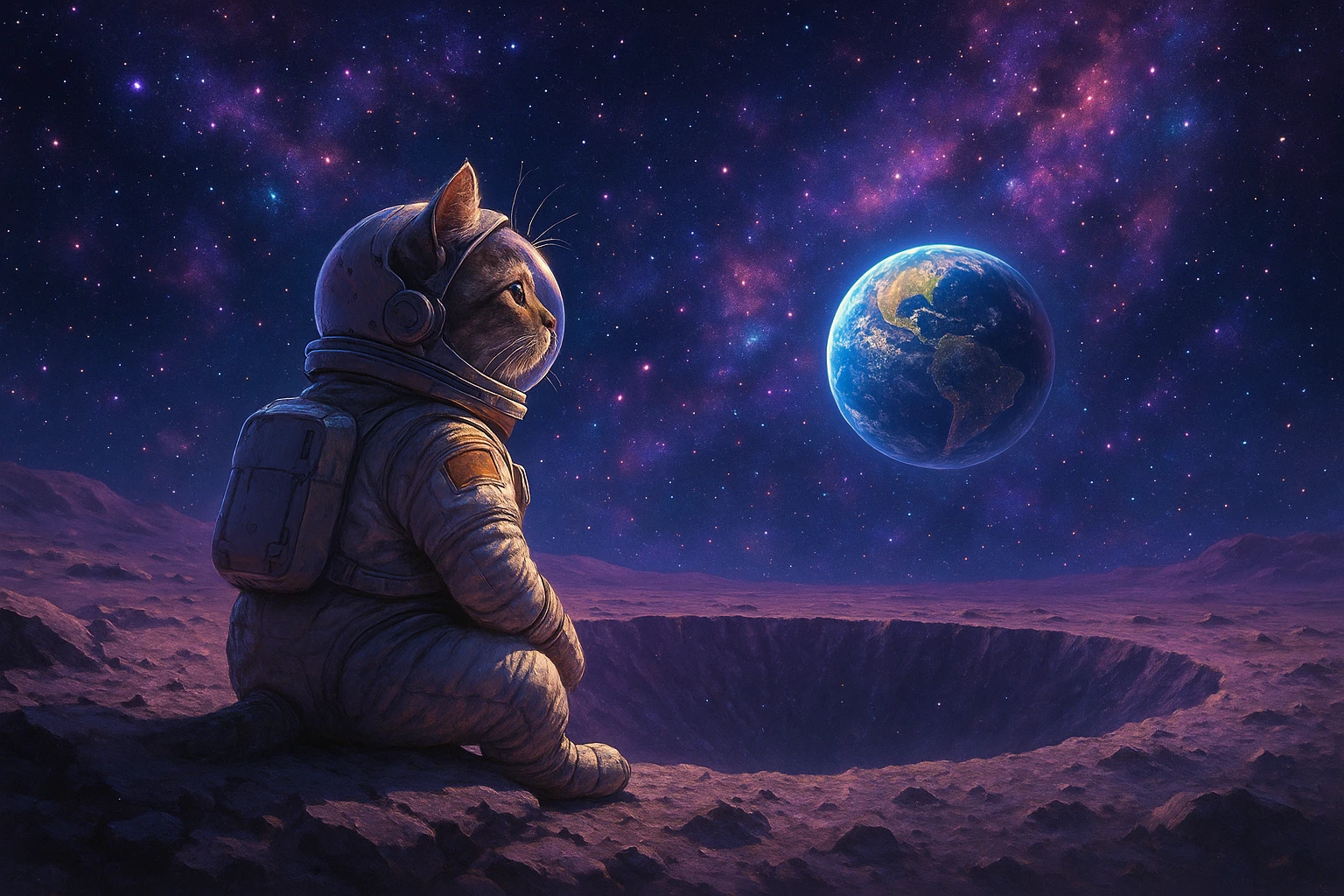 cat in a space suit, sitting on a crater, looking at Earth, cosmic colors emoji