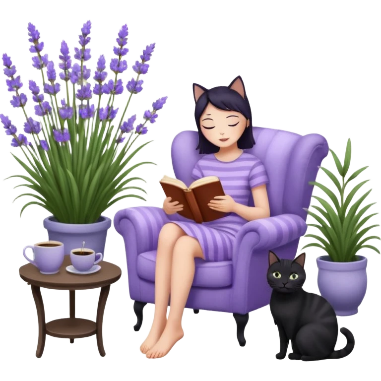 moji illustration, full body woman reading a book on a cozy armchair in a lavender garden, two separate cats next to her (one solid black cat, one brown tabby cat with stripes), small side table with coffee mug, soft peaceful vibe emoji