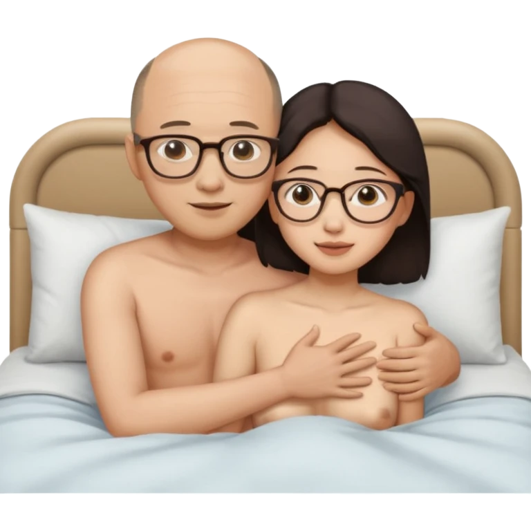 slightly balding asian man with glasses and asian woman without glasses naked in bed hugging emoji
