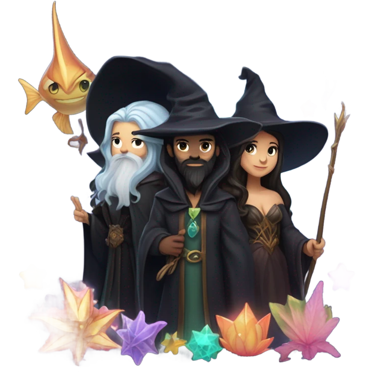 A group of 5 friends, consisting of a female witch, a female wizard, a male merman, a female fairy, and a female siren emoji