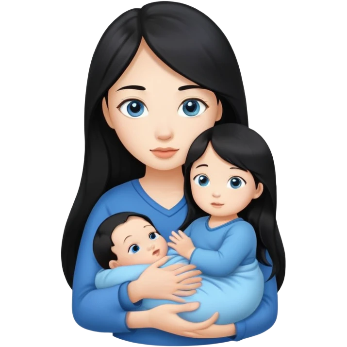 Beautiful Asian girl with long black hair holding baby boy with blue eyes in her arms emoji