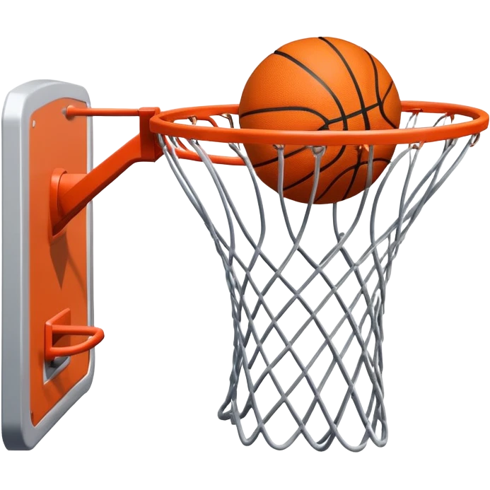 A close-up of a basketball shield and hoop with the ball swishing through the net, captured mid-air. The background emphasizes the tension and excitement of the moment, with the rim and net in sharp focus, showcasing the precision and skill of the sport. emoji