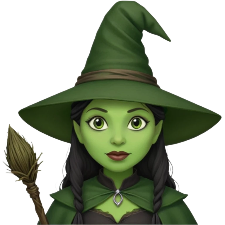 elphaba the wicked witch from wicked movie (cynthia erivo) dark long textured hair, thick lips, green skins, witch hat, witch broom emoji
