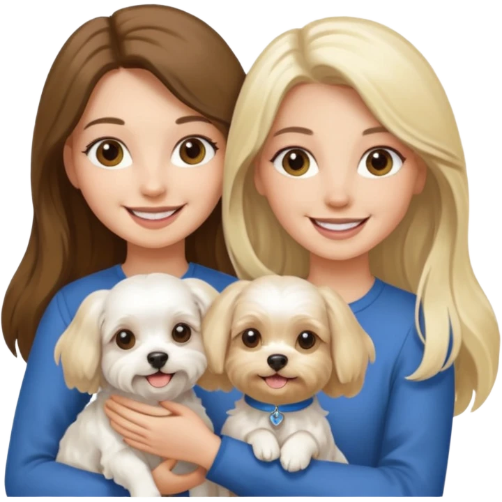 two women holding one Maltese dog one is brunette the other is blonde long haired  emoji