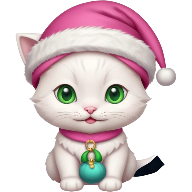 Cute Happy White kitten with green eyes wearing pink Santa hat and pink Santa clothes emoji