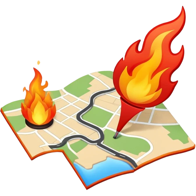 A map location pin marker on fire with flames coming out the top emoji