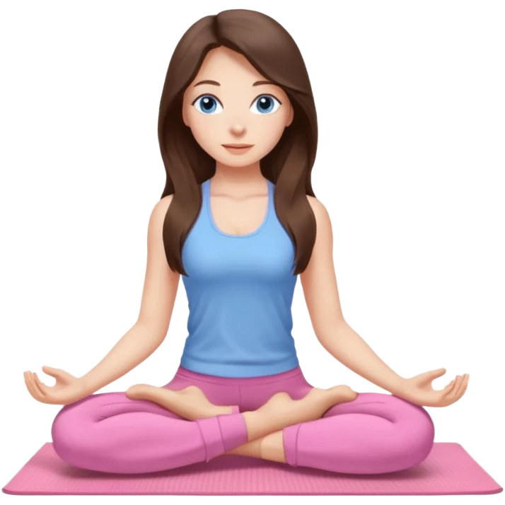 Brunette long hair and blue blue eyes yoga beautiful girl in light   pink clothes sitting on a yoga mat emoji