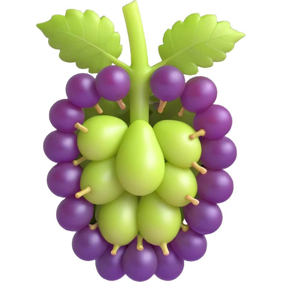 3D emoji style illustration of a grape cross-section showing purple skin, light green flesh, seeds, and stem, with each part distinctly separated in a three-dimensional manner, no background emoji