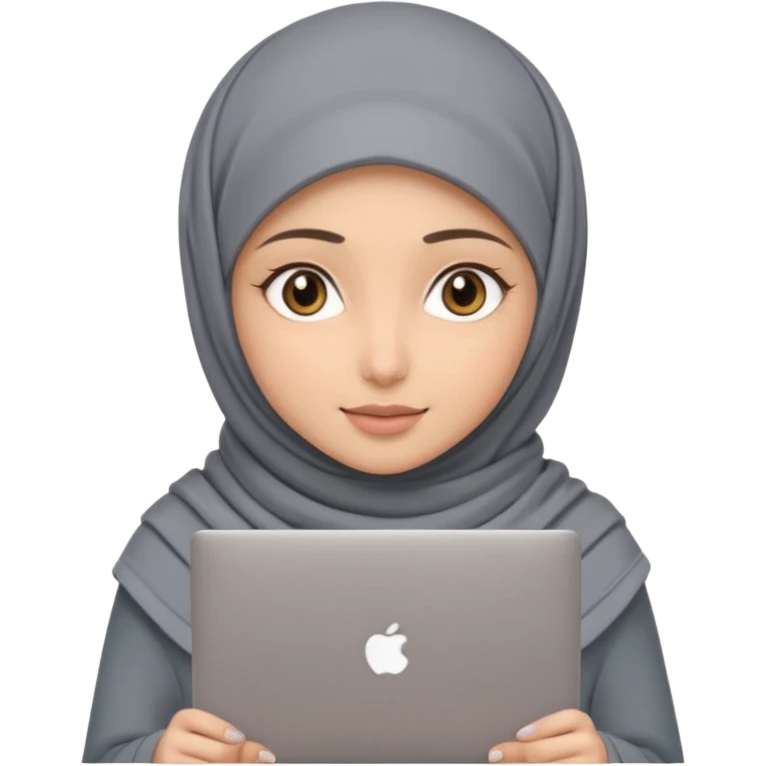 A girl wearing a gray hijab and with hazel eyes is carrying a laptop, not a laptop, just a regular laptop. Not mat bock  emoji