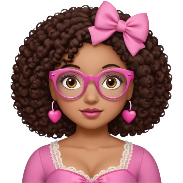 medium skinned afro-latina girl with medium length chocolate brown side part curly hair, brown eyes, pink sweetheart necklined top with lace, round wide-ish nose, chubby long shaped face, pink bow, brown glasses emoji