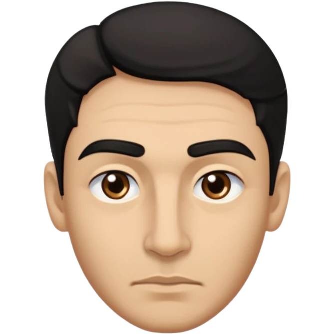emoji a medio cuerpo, de un hombre, con cejas gruesas inclinadas hacia abajo, nariz medio grande, hombros anchos, sin sonrisa, hombros anchos, cabello medio ondulado con un corte juvenil, cabello negro. ojos negros. emoji