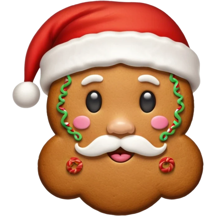 A gingerbread cookie with a face and a Santa hat emoji