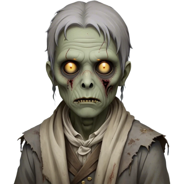 Cinematic Noble Zombie Portrait Emoji, Surprisingly dignified and somber, with a decaying yet strangely regal visage in ashen grays and muted tones, draped in tattered attire hinting at a lost grandeur, simplified yet meticulously detailed, glowing with a soft, eerie radiance and a gentle outline that evokes the tragic nobility of the undead! emoji