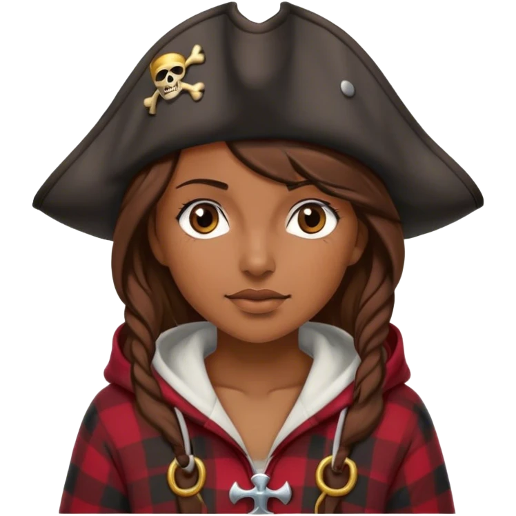 A woman that has brown hair and it wearing a pirate hat. She has a plaid hoodie on emoji