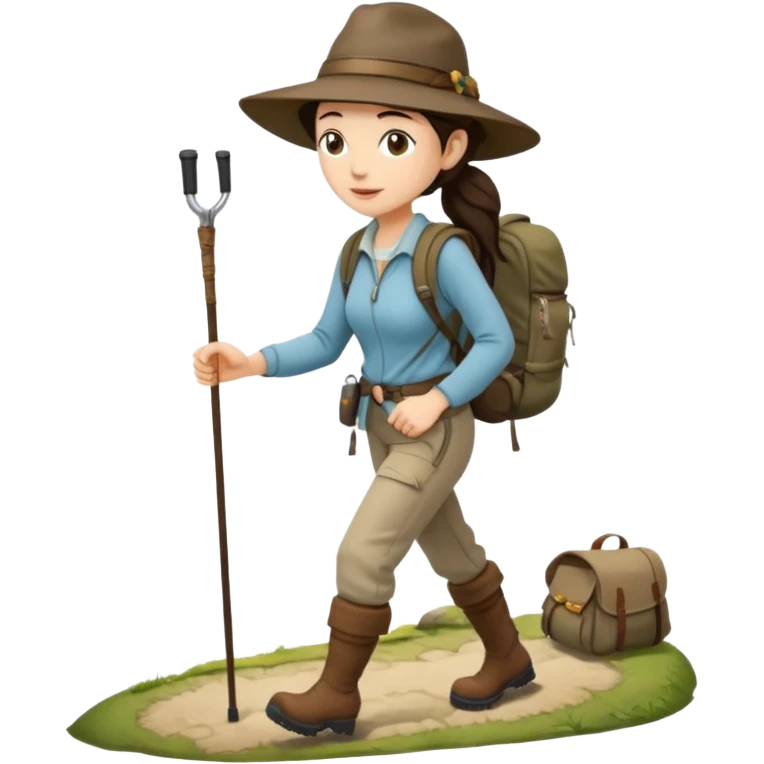 White women, long dark brown hair in ponytail with wide brim hiking hat. Walking with backpack and trekking poles.  She is a pilgrim on the Camino Frances on her way to Santiago de Compostela emoji