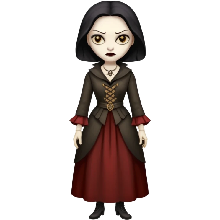 Pitonisa: mujer entre unos 40 y 50 años, cara de mala, malas intenciones, cara un poco deforme tipo bruja, y ropa antigua. cuerpo entero emoji