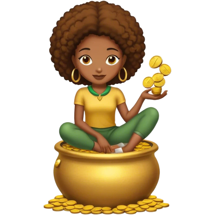 black woman sitting on a pot of gold coins emoji