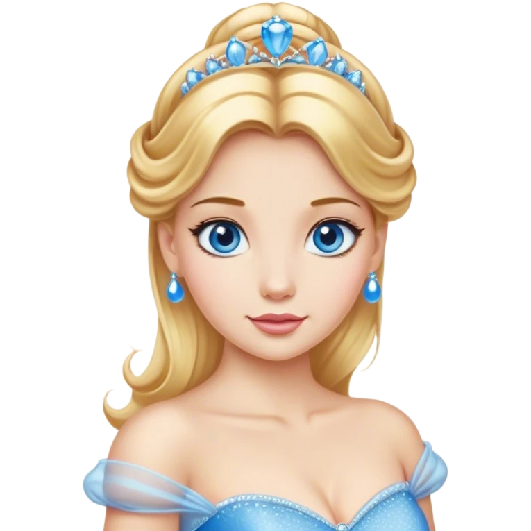 Cinematic Realistic Comical Cinderella Portrait, with every detail rendered realistically—from the soft, smooth texture of her fair skin to her artfully styled golden-blonde hair. Her bright blue eyes are wide with playful disbelief, and her expression carries a touch of whimsical humor while retaining elegant poise. Her classic ball gown, detailed with rich fabric textures and natural shadows, catches the light in a way that blends refined beauty with a hint of cheeky mischief, creating a striking, lifelike portrayal. emoji