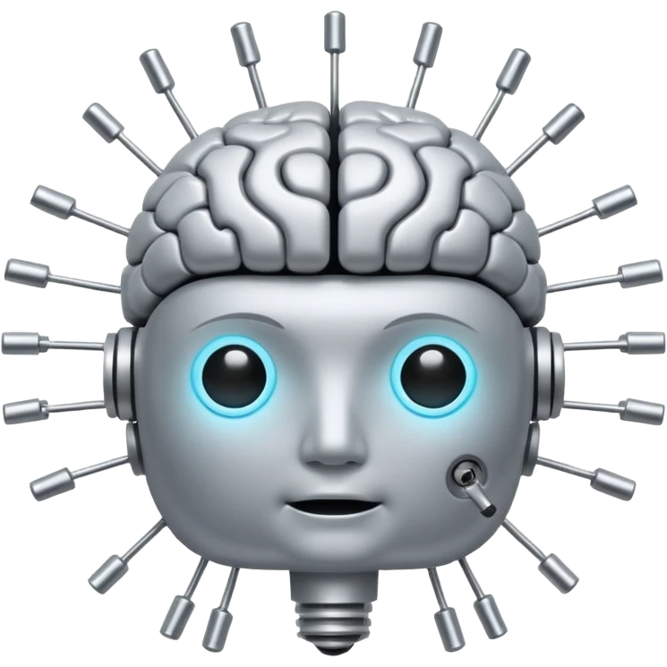 AI brain with electrodes in a 2D square emoji