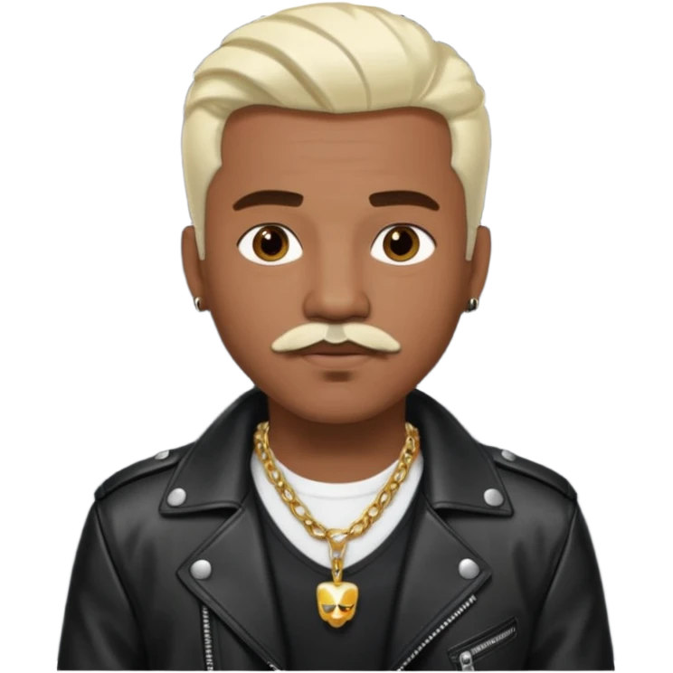 Sisqo, medium dark skin, brown eyes, platinum blonde hair and mustache, black leather jacket with chest and necklace emoji