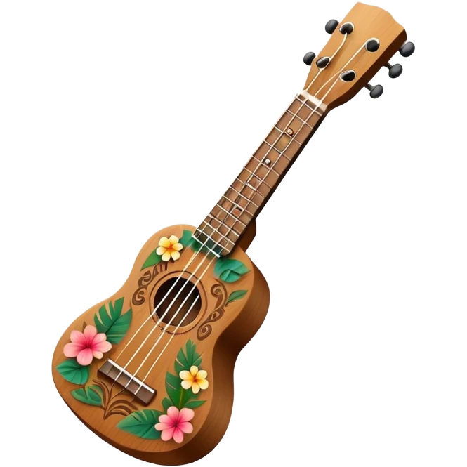 Ukulele with Polynesian carvings with flowers behind it emoji