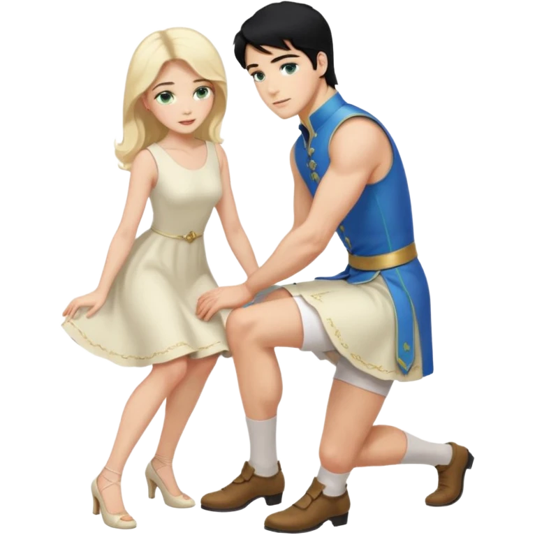 prince, upright, black Hair, blue eyes, Woman, blonde Hair, Green eyes, bending knee, sleveless White Dress, emoji