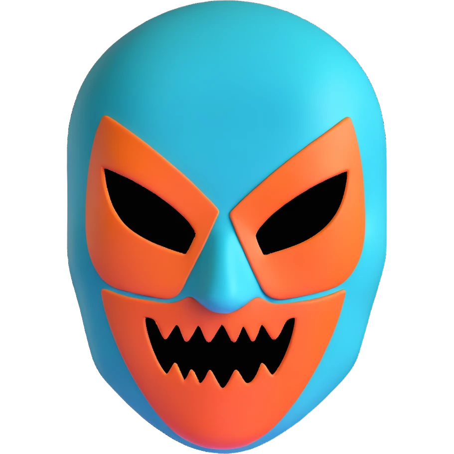 teal and orange ski mask with evil expression emoji