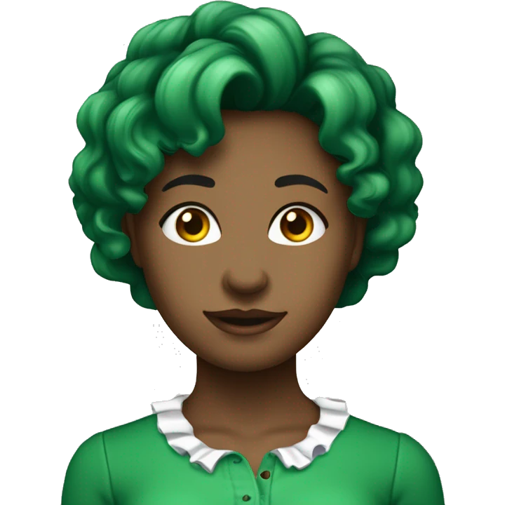 Imagem mostra mulher com blusa verde e babados, cabelo ondulado e colar. Fundo externo com vegetação e móveis brancos.

 emoji