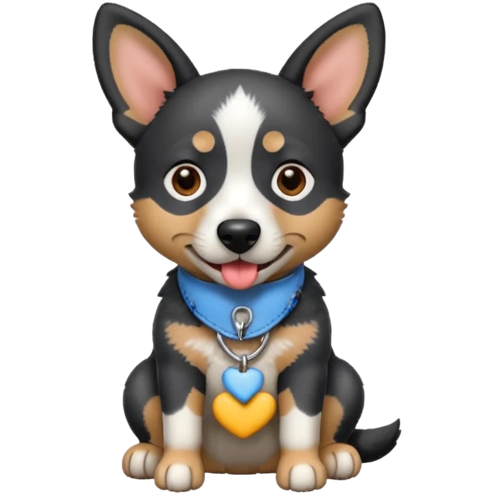 black, grey, and white blue heeler dog, emoji style, sitting, tongue out, cute and approachable emoji