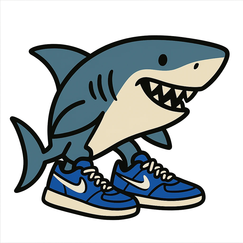 flat toon style shark wearing blue Nike sneakers, bold colors emoji