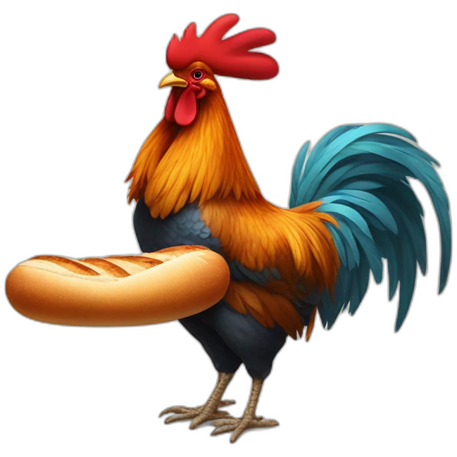 Rooster hanging a baguette under his wing and a glass of xine under the other wing emoji