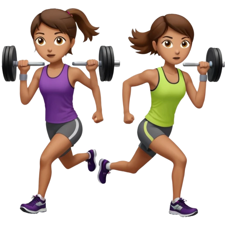 two women, one running and one lifting weights. brown hair, olive skin, hazel eyes. emoji