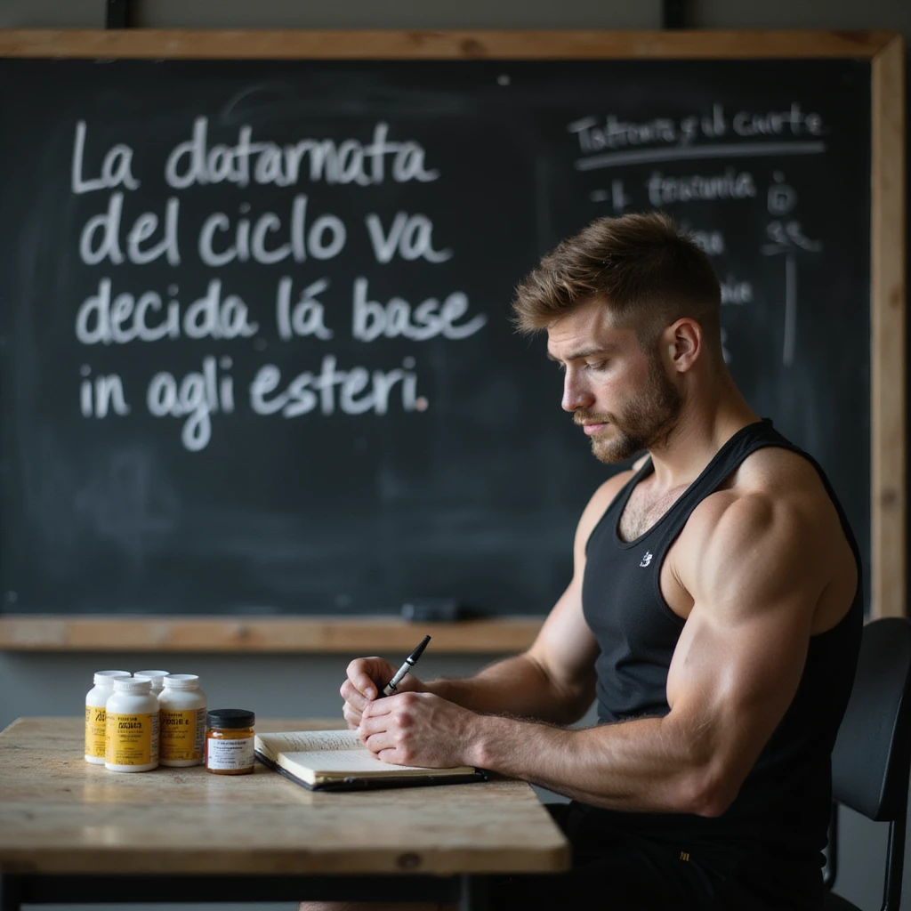 realistic young bodybuilder in sportswear taking notes in a notebook while looking at a blackboard with Italian text 'La durata del ciclo va decisa in base agli esteri', testosterone boxes next to him, learning atmosphere, gym background, 4K quality emoji