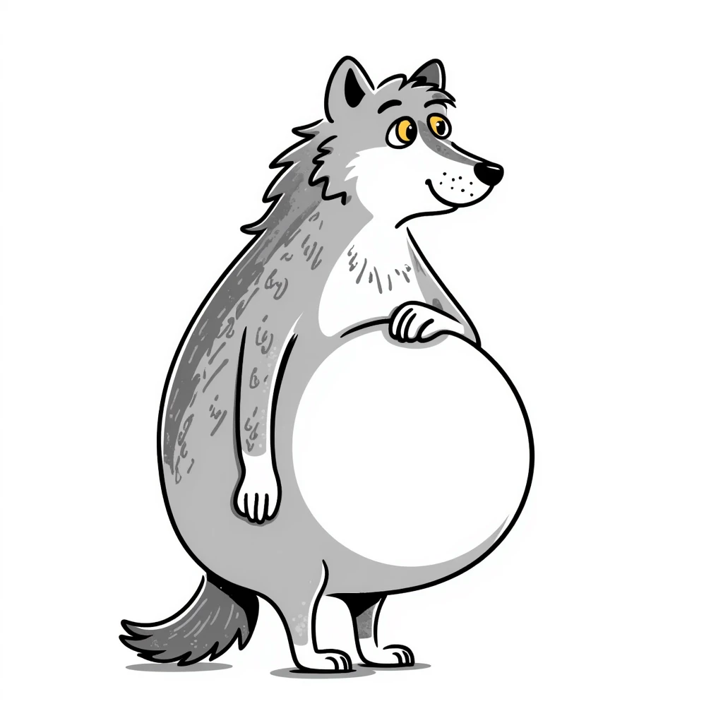 Wolf with enormous pregnant belly, gray fur, yellow eyes, standing sideways to show the large belly emoji