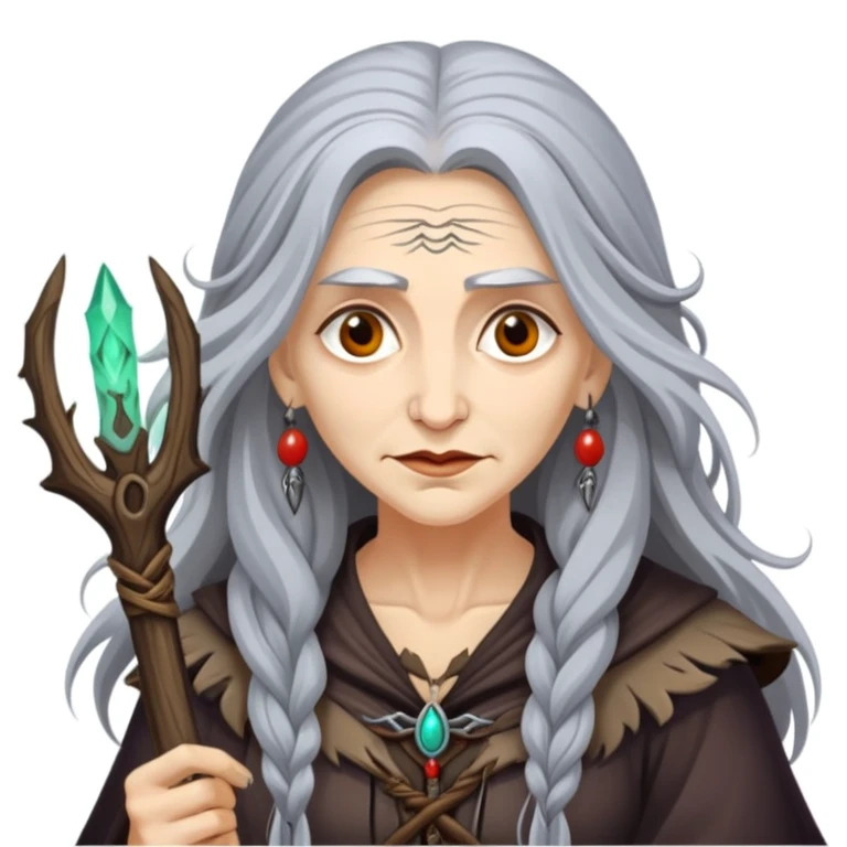 Baba Yaga sorceress woman with long wild hair, forest background emoji